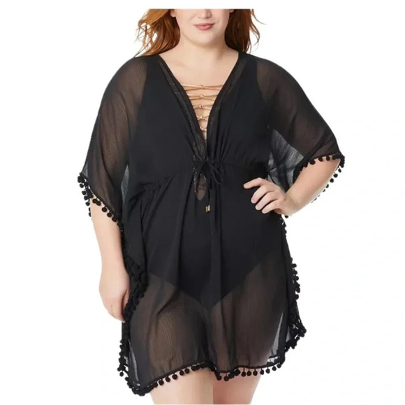 BLEU ROD BEATTIE Plus Size Gypset Chiffon Caftan Swim Cover Up Black Size 1X NWT - Picture 9 of 9